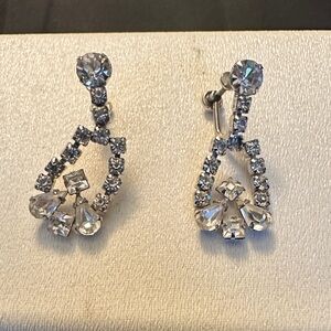 VINTAGE 1950s Sterling Silver Clear Rhinestone Dangle Screw-Back Earrings